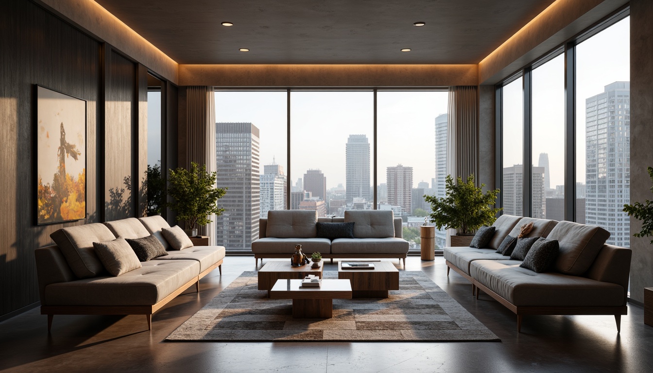 Prompt: Sleek modern interior, streamline moderne style furniture, low-profile sofas, tufted velvet upholstery, minimalist coffee tables, geometric-patterned rugs, polished chrome accents, floor-to-ceiling windows, urban cityscape views, soft warm lighting, shallow depth of field, 3/4 composition, panoramic view, realistic textures, ambient occlusion.