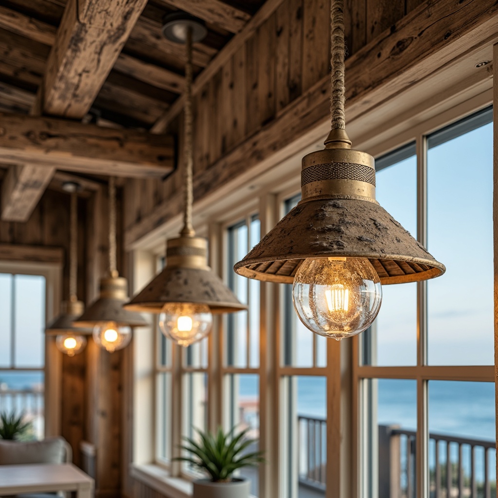 Prompt: Driftwood accents, nautical ropes, ocean-inspired glass pendants, distressed metal lanterns, weathered wood beams, soft warm glow, coastal color palette, sea salt finishes, beachy vibes, relaxed ambiance, natural textures, woven fibers, linen shades, organic shapes, subtle sparkle, ambient illumination, layered lighting, 1/1 composition, warm white light, gentle highlights, soft shadows.