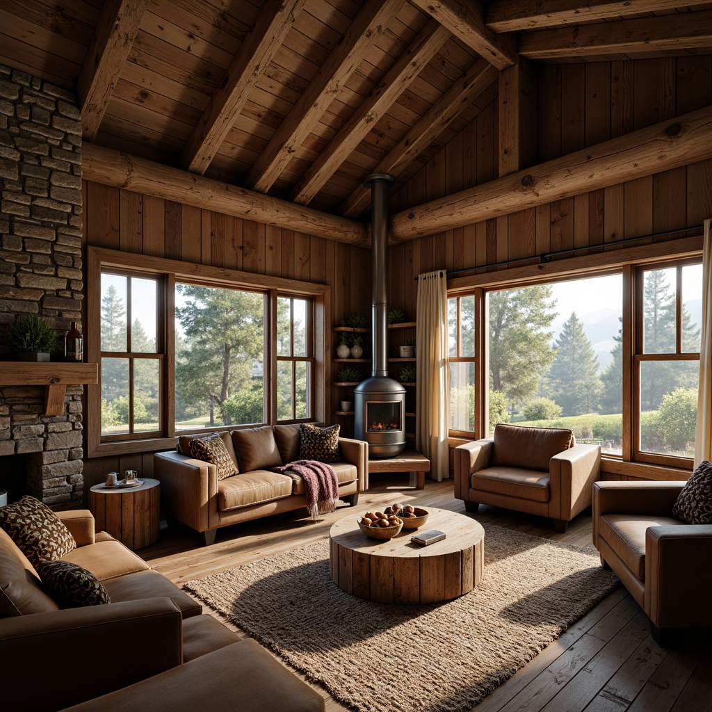 Prompt: Rustic wooden cabin, earthy tones, natural stone walls, wooden beams, vintage windows, distressed finishes, cozy fireplace, plush furnishings, woven textiles, nature-inspired patterns, warm ambient lighting, shallow depth of field, 1/1 composition, realistic wood grain textures, atmospheric misting.