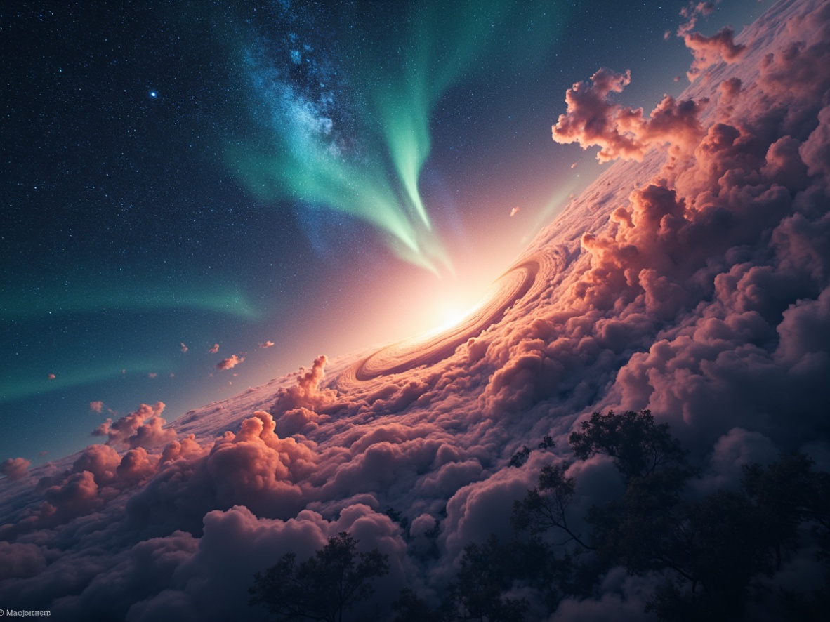 Prompt: Cosmic planetarium, swirling nebulae, starry night sky, vibrant aurora borealis, glowing constellations, soft warm lighting, dramatic chiaroscuro, high-contrast ratios, bold color palette, expressionist brushstrokes, abstract celestial forms, stylized astronomical elements, dreamy ethereal atmosphere, mystical ambient glow, cinematic depth of field, 1/1 composition, low-key lighting, subtle lens flares.