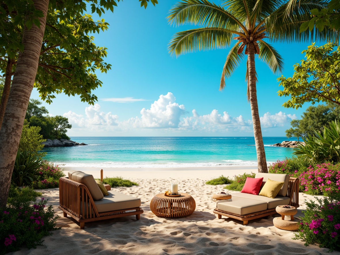 Prompt: Vibrant tropical colors, warm sandy beaches, lush green palm trees, exotic floral patterns, bright coral reefs, turquoise ocean waves, sunny clear blue sky, colorful tiki torches, woven rattan furniture, natural wicker textures, refreshing misty atmosphere, soft warm lighting, shallow depth of field, 3/4 composition, panoramic view, realistic renderings, ambient occlusion.