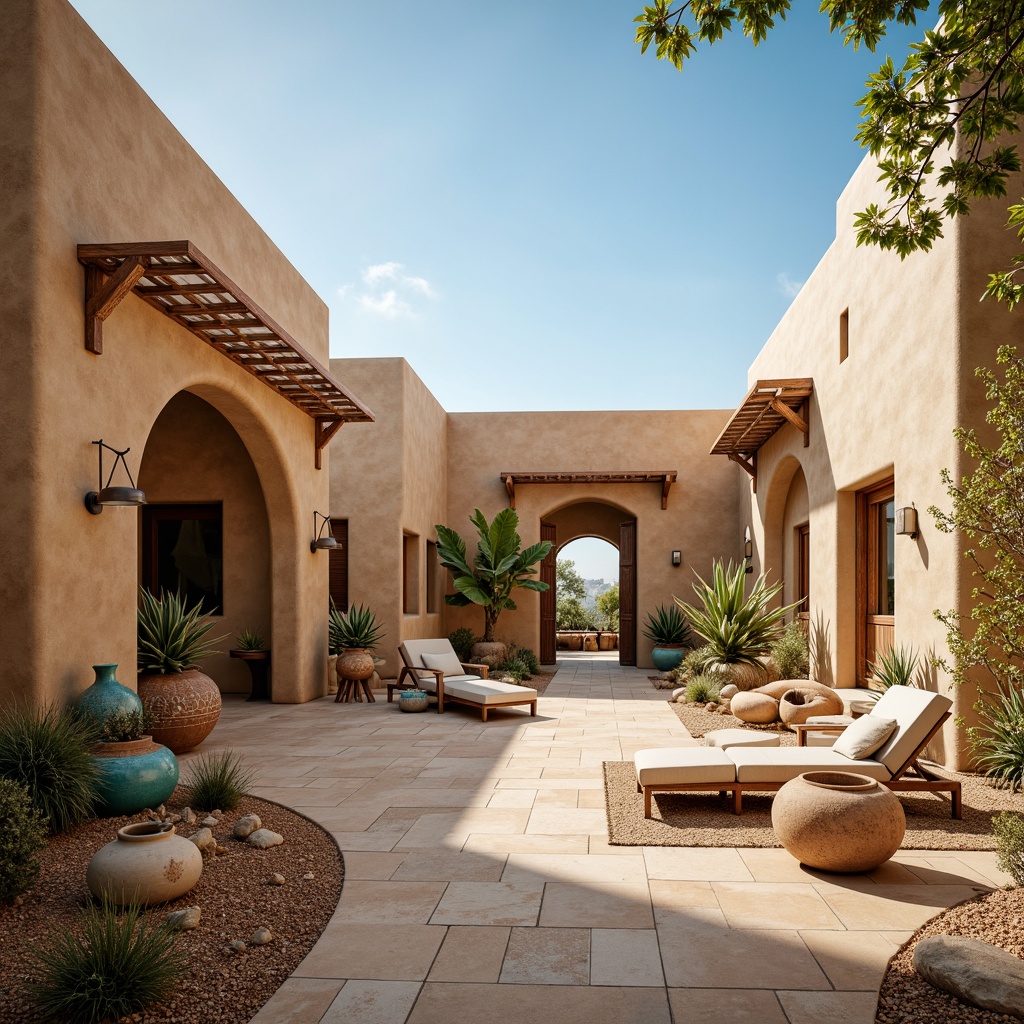 Prompt: Adobe earth tones, warm beige stucco, rustic wooden accents, ornate tile work, vibrant turquoise hues, sandy dune surroundings, cactus plants, clear blue skies, sprawling open spaces, curved archways, intricate wooden doors, distressed metal fixtures, natural stone flooring, woven textiles, geometric patterns, Southwestern-inspired pottery, earthenware vases, warm golden lighting, shallow depth of field, 1/1 composition, panoramic view, realistic textures, ambient occlusion.