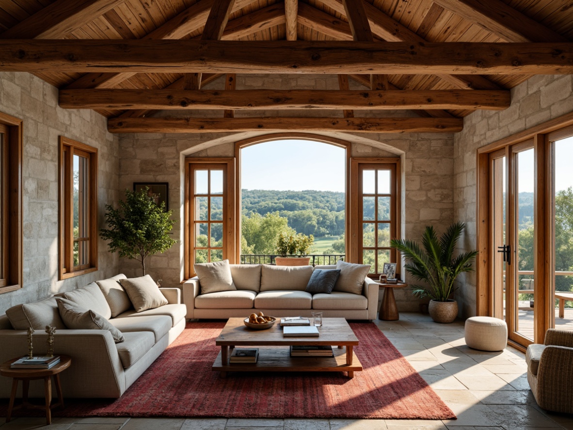 Prompt: Rustic farmhouse, open-plan living area, wooden beams, natural stone walls, earthy color palette, vintage furniture, plush textiles, cozy reading nook, large windows, countryside views, soft warm lighting, shallow depth of field, 3/4 composition, panoramic view, realistic textures, ambient occlusion.