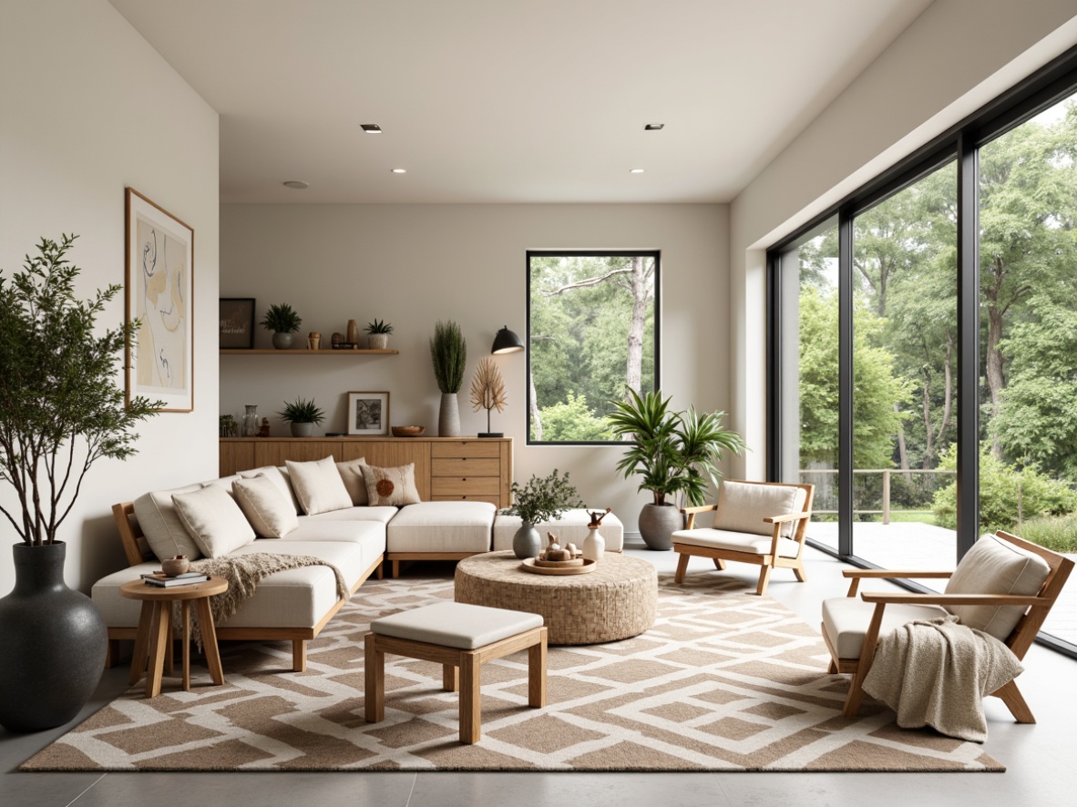 Prompt: Minimalist living room, light-filled open spaces, Nordic-inspired furniture, natural wood accents, woven textiles, pastel color palette, cozy throw blankets, geometric patterned rugs, modern Scandinavian decor, floor-to-ceiling windows, sliding glass doors, lush greenery views, soft warm lighting, shallow depth of field, 3/4 composition, realistic textures, ambient occlusion.