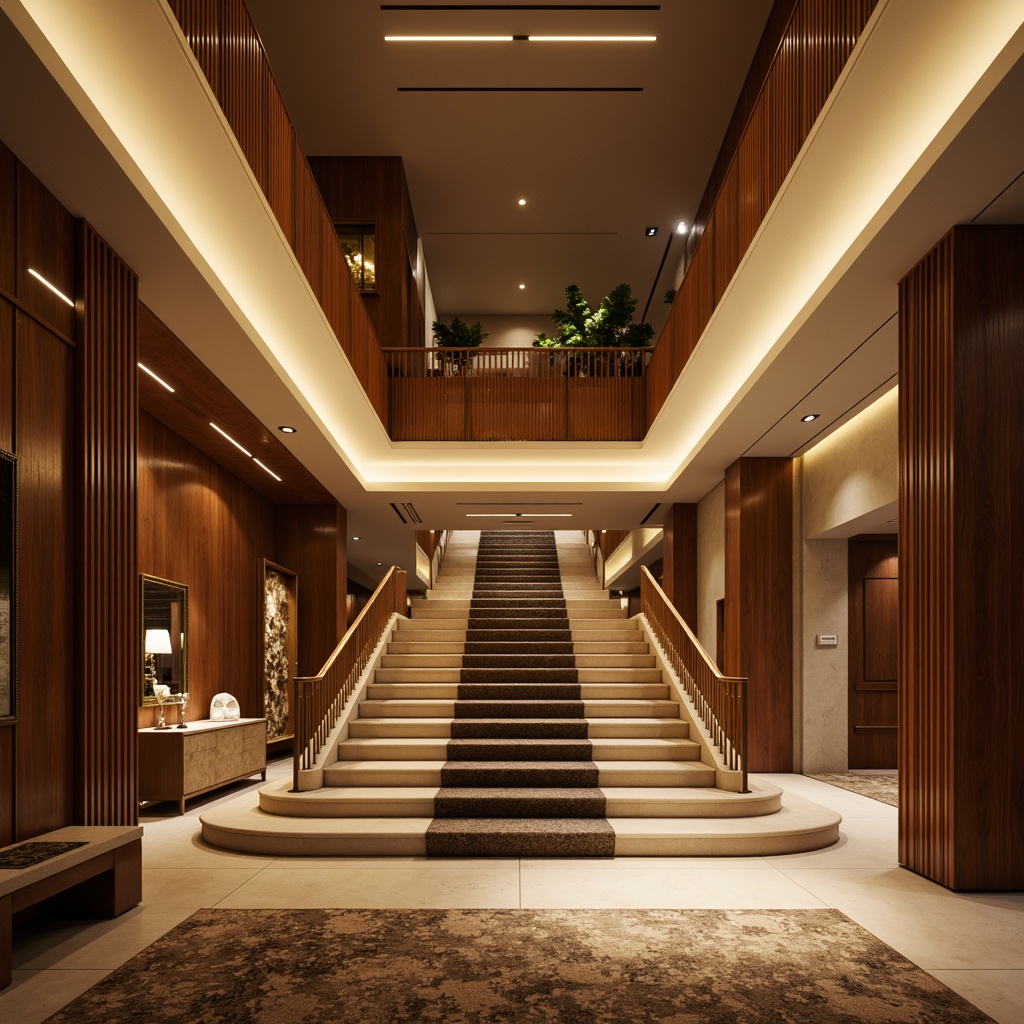 Prompt: Luxurious staircase, rich wood tones, warm golden lighting, creamy white railings, soft beige carpeting, subtle patterned rugs, elegant bronze fixtures, refined modern design, open-plan layout, spacious landing area, atmospheric shadowing, dramatic 1/2 composition, moody ambient lighting, realistic reflective surfaces.