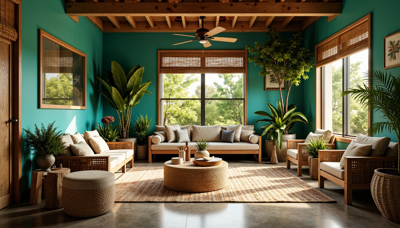 Prompt: Tropical storage room, woven rattan furniture, natural fiber rugs, reclaimed wood accents, exotic hardwood floors, polished concrete surfaces, vibrant turquoise walls, lush greenery, potted palms, bamboo blinds, woven bamboo ceiling fans, warm golden lighting, soft focus, shallow depth of field, 1/1 composition, realistic textures, ambient occlusion.