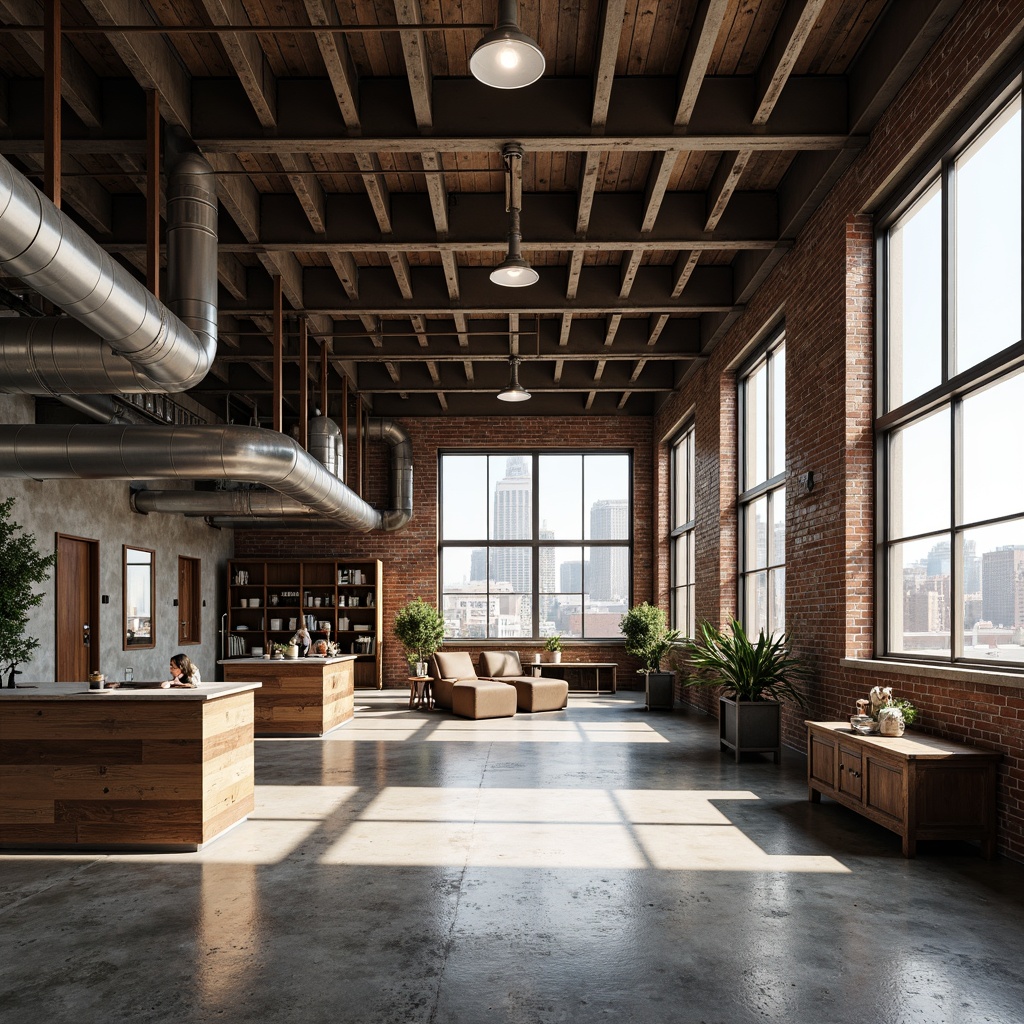 Prompt: Exposed brick walls, metal beams, industrial-chic lighting fixtures, reclaimed wood accents, urban cityscape, gritty concrete floors, distressed finishes, mechanical equipment, functional pipes, metallic textures, converted warehouse atmosphere, modern minimalist decor, neutral color palette, large windows, natural light pouring in, shallow depth of field, 3/4 composition, realistic renderings.