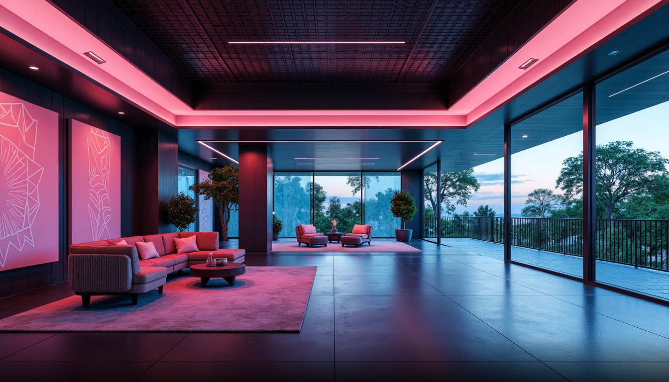 Prompt: Villa futurism interior, sleek metal accents, minimalist lines, sustainable materials, eco-friendly fabrics, vibrant neon colors, geometric patterns, holographic decorations, virtual reality integration, smart home technology, futuristic lighting systems, ambient LED glow, reflective surfaces, avant-garde sculptures, luxurious velvet textures, retro-futuristic nostalgia, 3D-printed decorative elements, curved lines, modular furniture design, adjustable ergonomic seating, panoramic views, floor-to-ceiling windows, sliding glass doors, expansive open spaces, shallow depth of field, 1/1 composition, realistic renderings.