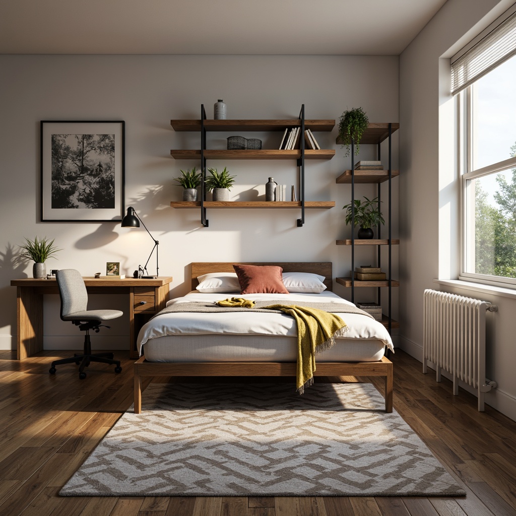 Prompt: Modern dorm room, sleek low-profile bed frame, minimalist nightstand, compact desk, ergonomic chair, industrial-style metal shelving, reclaimed wood accents, geometric patterned rug, neutral color palette, soft warm lighting, 1/1 composition, shallow depth of field, realistic textures, ambient occlusion.