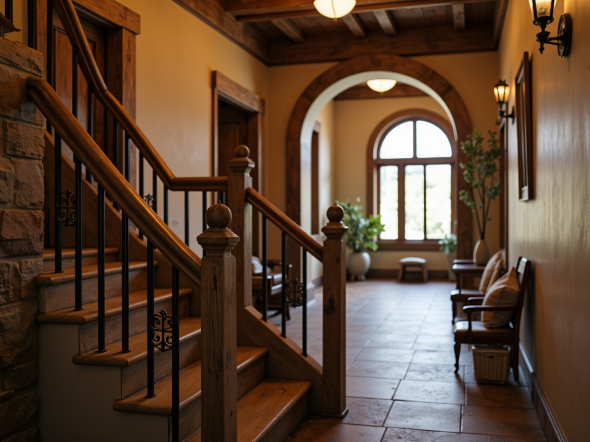 Prompt: Rustic wooden handrail, ornate metal balusters, curved staircase silhouette, earthy tone stone walls, distressed wood accents, vintage-inspired lanterns, warm ambient lighting, shallow depth of field, 2/3 composition, realistic textures, ambient occlusion, classic vernacular architecture, cozy residential interior, inviting entryway, natural material palette.