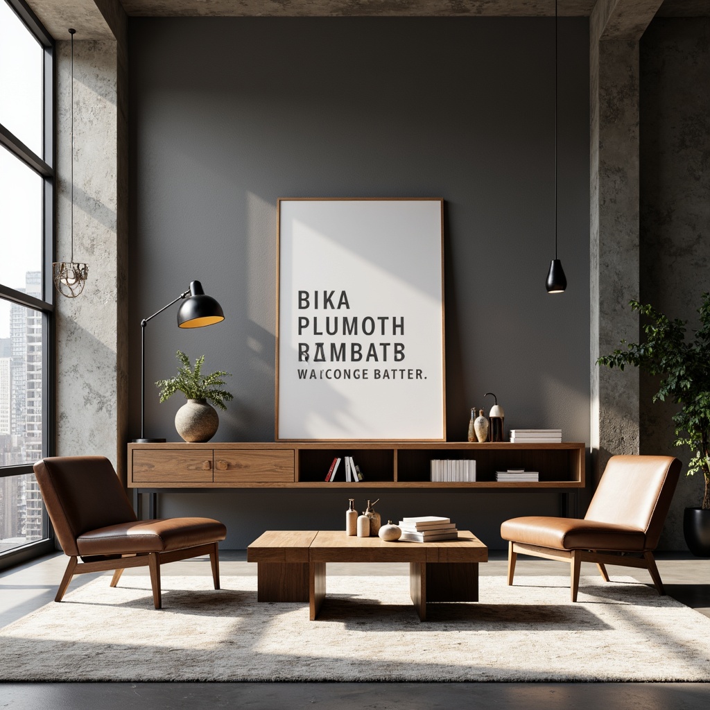 Prompt: Geometric coffee table, tubular steel legs, leather upholstery, minimalist armchairs, angular wooden shelves, industrial metal lamps, functional decor, monochromatic color scheme, bold typography, rectangular shapes, clean lines, modernist aesthetic, urban loft setting, natural light pouring in, shallow depth of field, 1/1 composition, realistic textures, ambient occlusion.