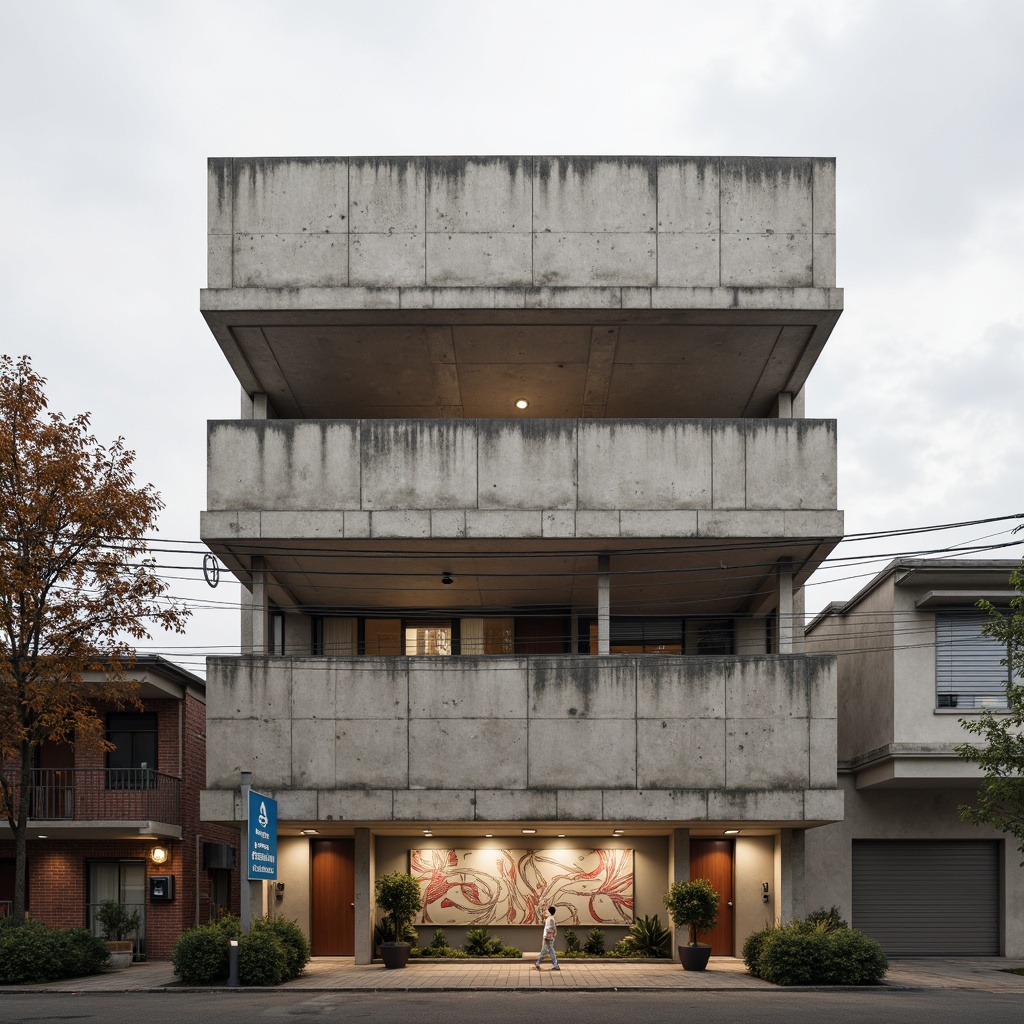 Prompt: Rustic concrete walls, industrial metal beams, functional wooden accents, geometric patterned textiles, abstract artwork, minimalist color palette, rectangular windows, flat roofs, brutalist architecture, urban cityscape, overcast sky, soft diffuse lighting, shallow depth of field, 2/3 composition, realistic material textures, ambient occlusion.