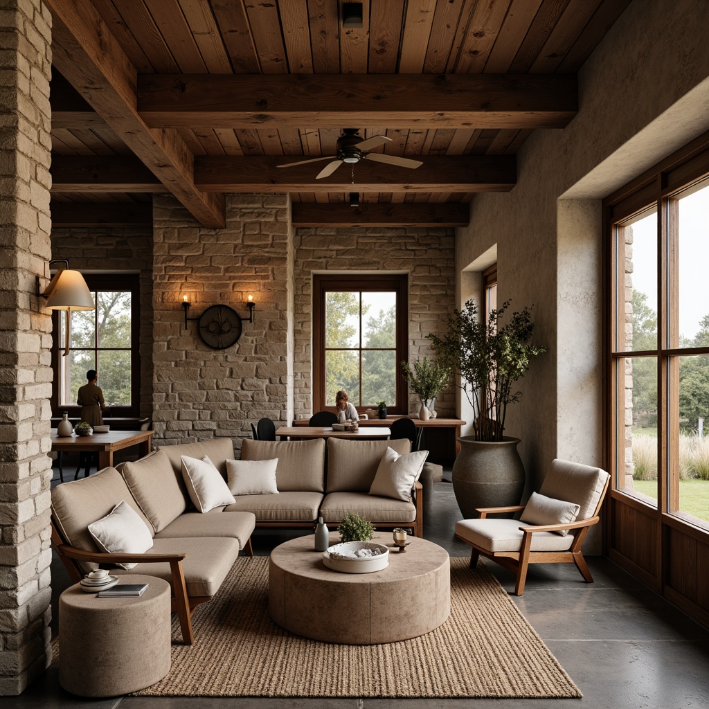 Prompt: Rustic farmhouse interior, reclaimed wood accents, natural stone walls, earthy color palette, woven textiles, linen upholstery, vintage metal fixtures, distressed wooden beams, exposed brick surfaces, warm candlelight, soft ambient lighting, 3/4 composition, shallow depth of field, realistic textures, ambient occlusion.