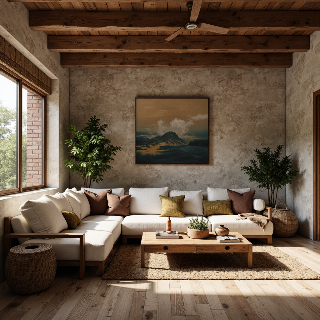 Prompt: Rustic living room, textured stone walls, earthy tones, natural materials, wooden accents, cozy atmosphere, soft warm lighting, plush furniture, woven baskets, vintage decor, distressed wood flooring, industrial chic aesthetic, exposed brick details, urban loft ambiance, modern minimalist touches, abstract artwork, neutral color palette, shallow depth of field, 1/2 composition, realistic textures, ambient occlusion.