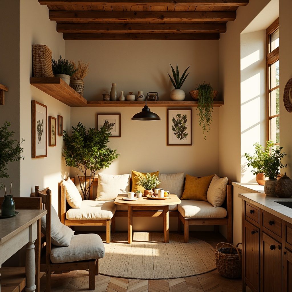 Prompt: Cozy breakfast nook, warm golden lighting, soft beige walls, rustic wooden tables, plush cushions, vintage kitchenware, delicate ceramic tiles, natural woven baskets, earthy terracotta pots, lush greenery, cheerful yellow accents, creamy white countertops, rich walnut cabinetry, subtle texture overlays, shallow depth of field, 1/1 composition, warm inviting atmosphere.