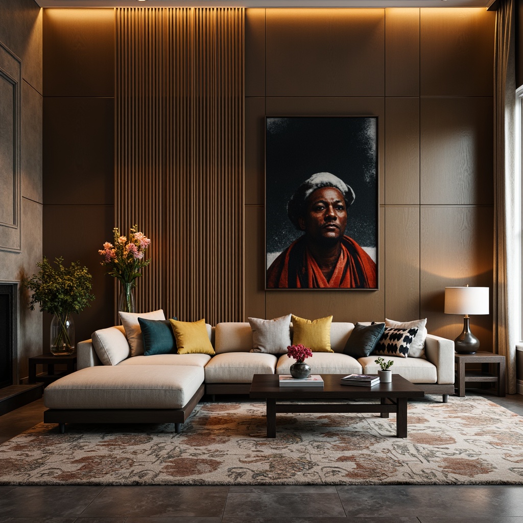 Prompt: Luxurious living room, statement walls, textured finishes, metallic accents, bold color schemes, geometric patterns, modern minimalism, sleek surfaces, LED lighting, ambient glow, warm atmospheric tones, shallow depth of field, 1/1 composition, realistic reflections, detailed textures.