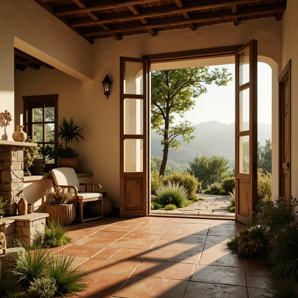 Prompt: Rustic farmhouse, soft golden lighting, warm beige walls, distressed wood accents, vintage metal decorations, earthy terracotta floors, lush greenery, wildflowers, soft misty mornings, warm sunny afternoons, gentle warm breeze, 1/2 composition, shallow depth of field, realistic textures, ambient occlusion.