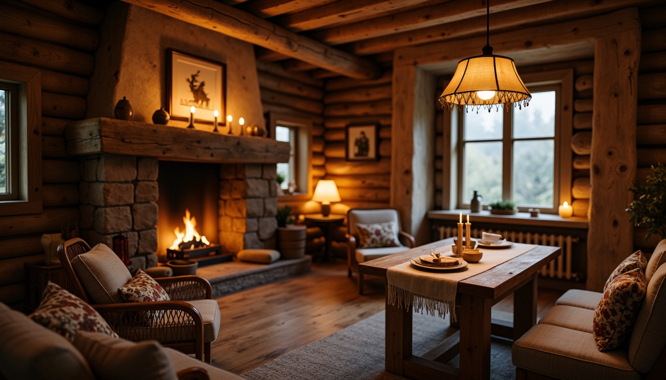 Prompt: Rustic wooden cabin, warm candlelight, soft golden glow, pendant lamps, natural linen shades, wrought iron fixtures, earthy color palette, stone fireplace, distressed wood accents, vintage metal lanterns, ambient warm lighting, cozy atmosphere, shallow depth of field, 1/2 composition, realistic textures, subtle shadows.