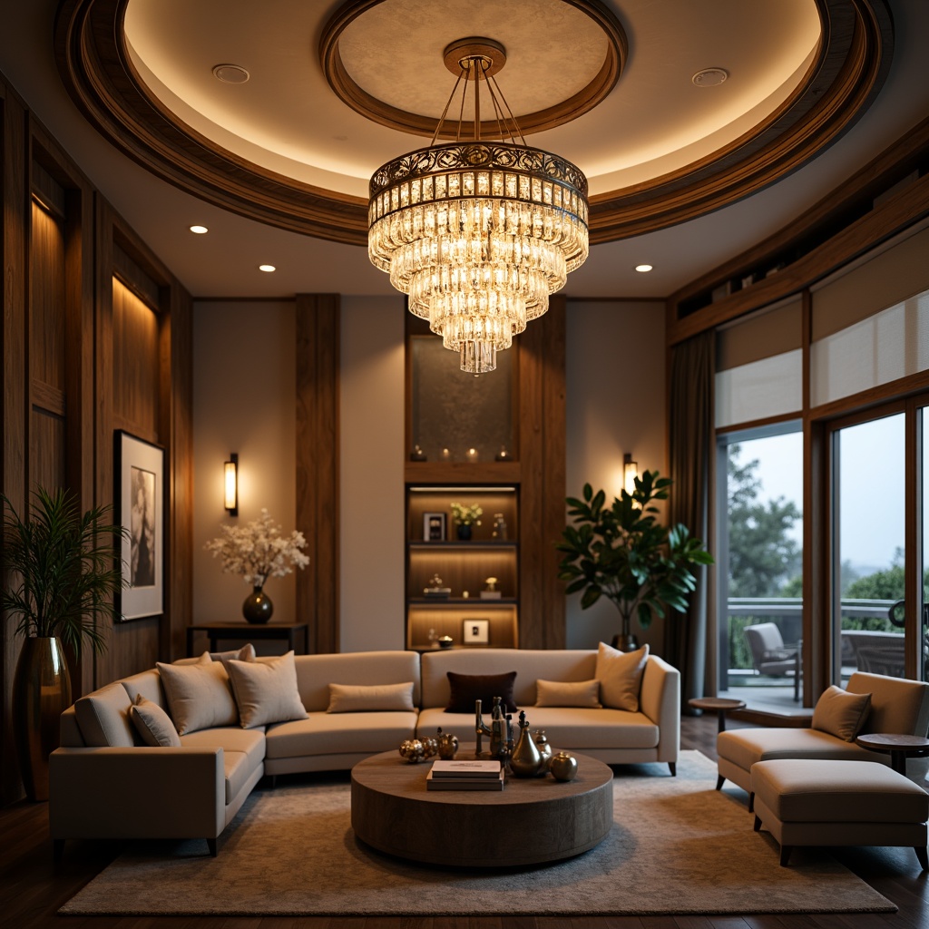 Prompt: Elegant chandelier, ornate metalwork, crystal droplets, warm soft glow, ambient illumination, cozy living room, plush furnishings, rich wood tones, subtle color palette, sophisticated decor, refined textures, dramatic ceiling height, grand entranceway, luxurious atmosphere, golden accents, metallic sheen, creamy whites, inviting warmth, relaxing ambiance, 1/2 composition, high-contrast lighting, realistic reflections.