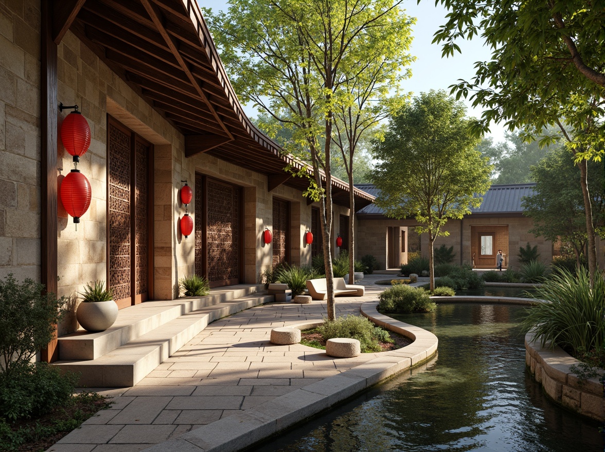 Prompt: Rustic community center, natural stone walls, wooden accents, intricately carved doors, vibrant red lanterns, lush greenery, serene water features, peaceful koi ponds, bamboo forests, warm sunny day, soft diffused lighting, shallow depth of field, 1/2 composition, realistic textures, ambient occlusion, ornate ceramics, traditional Asian-inspired motifs, earthy tone color palette, organic shapes, natural materials, cozy seating areas, community gathering spaces.