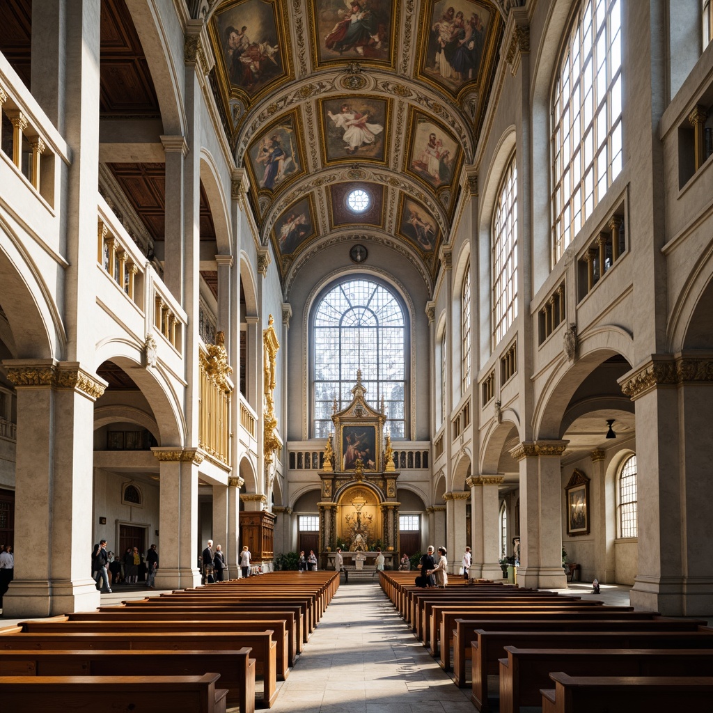 Prompt: \Majestic cathedral, ornate stone carvings, white marble columns, golden accents, stained glass windows, intricate mosaics, grand dome structures, vaulted ceilings, ornate wooden pews, traditional frescoes, soft warm lighting, subtle shadows, 1/2 composition, symmetrical balance, realistic textures, ambient occlusion, serene atmosphere, peaceful ambiance.\Please let me know if this meets your requirements!