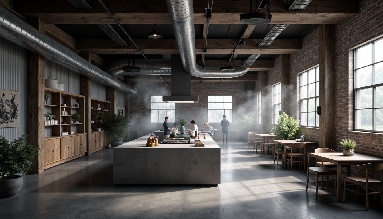 Prompt: Exposed ductwork, industrial pipes, concrete floors, rough-hewn wooden beams, corrugated metal walls, distressed brick surfaces, poured concrete countertops, reclaimed wood accents, metal grid ceilings, industrial-style lighting fixtures, functional minimalism, utilitarian aesthetic, monochromatic color scheme, dramatic shadows, high-contrast lighting, cinematic composition, atmospheric fog effect.