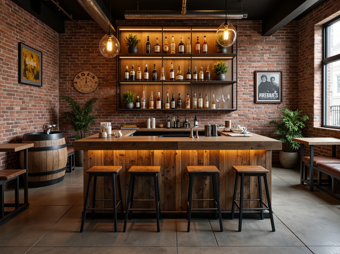 Prompt: Rustic industrial home bar, reclaimed wood counter, metal stools, Edison bulb lighting, exposed brick walls, polished concrete floors, urban loft atmosphere, modern minimalist decor, geometric metal shelving, whiskey barrel tables, vintage beer signs, distressed leather upholstery, warm golden lighting, shallow depth of field, 1/1 composition, realistic textures.