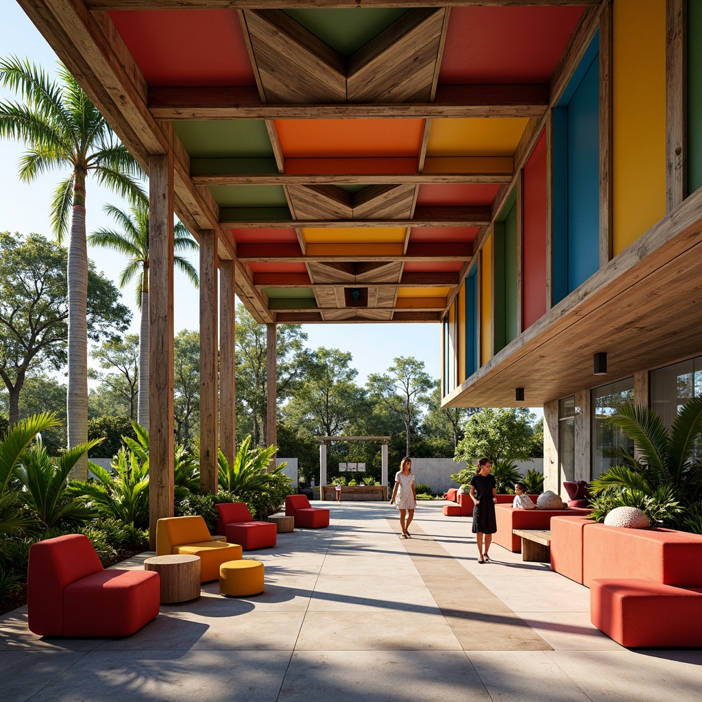 Prompt: Vibrant pavilion, eclectic postmodernism style, bold color blocking, irregular shapes, playful textures, distressed wood accents, industrial metal frames, abstract sculptures, lush greenery, tropical plants, warm sunny day, dramatic shadows, high contrast lighting, shallow depth of field, 1/1 composition, detailed close-ups, realistic reflections, ambient occlusion.