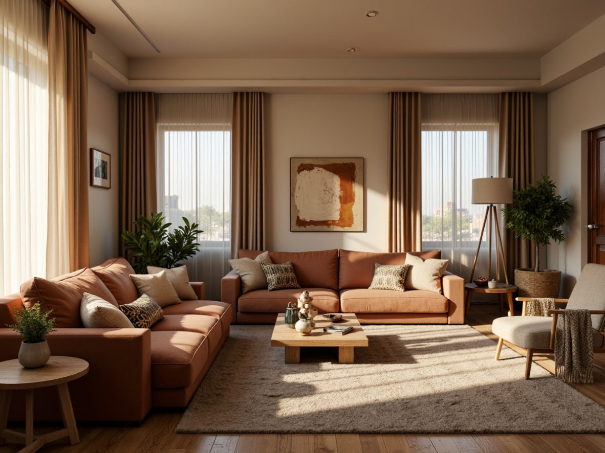 Prompt: Cozy living room, plush throw pillows, soft velvet sofas, warm beige walls, natural wood flooring, floor-to-ceiling windows, sheer curtains, ambient lighting, rustic wooden accents, woven baskets, chunky knit blankets, tactile upholstery fabrics, earthy color palette, inviting atmosphere, relaxing ambiance, shallow depth of field, 1/2 composition, soft focus, realistic textures.