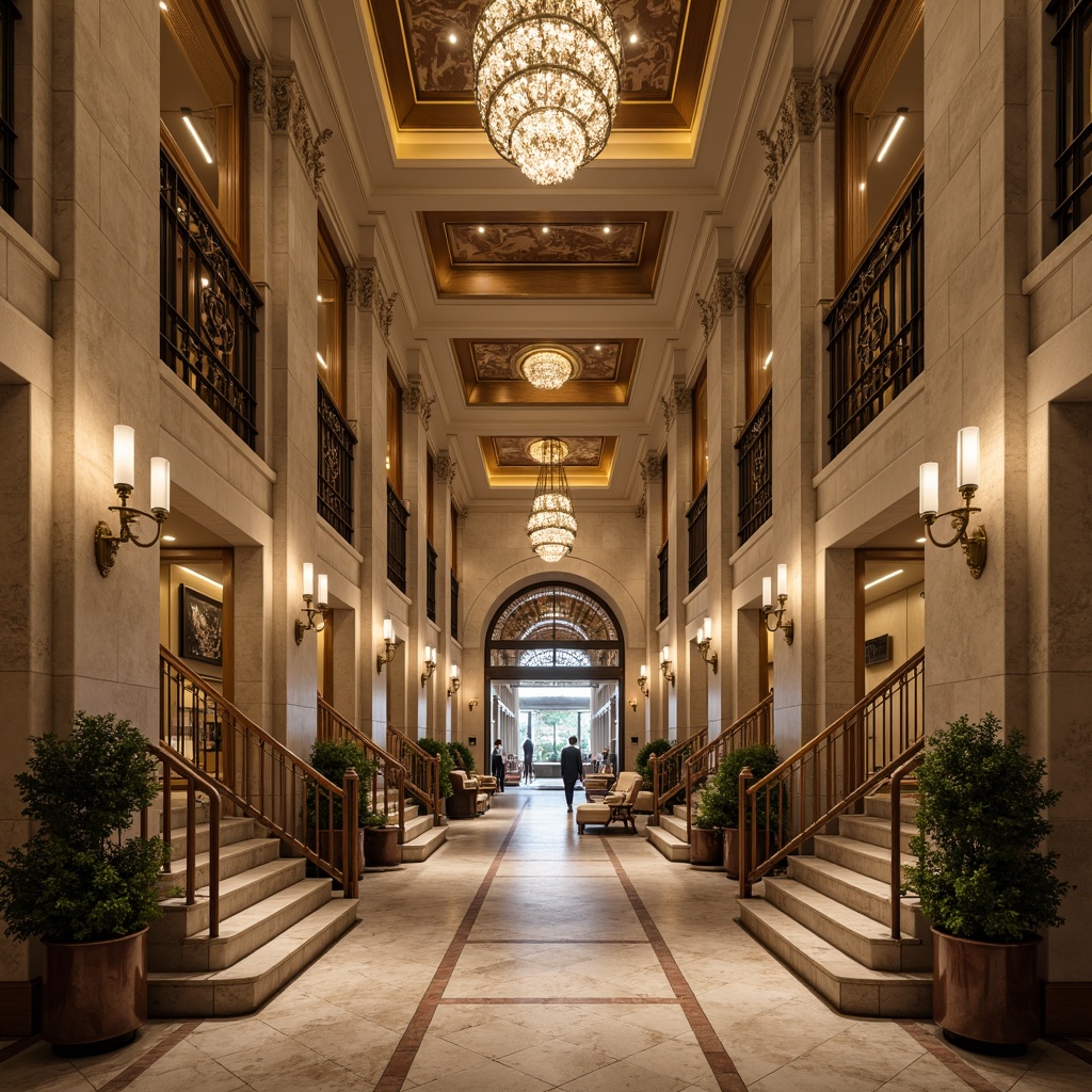 Prompt: Grand hotel entrance, ornate columns, carved stone facades, symmetrical architecture, grand staircases, intricate moldings, luxurious chandeliers, marble floors, elegant archways, refined decorative details, subtle color palette, warm golden lighting, shallow depth of field, 1/2 composition, realistic textures, ambient occlusion, imposing lobby spaces, comfortable seating areas, lavish furnishings, sophisticated ambiance.