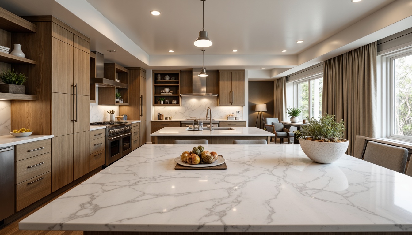 Prompt: Luxurious kitchen, marble countertops, white Carrara veins, soft warm lighting, subtle sheen, polished finish, elegant cabinetry, stainless steel appliances, modern faucet designs, undermount sink, pendant lighting, spacious island, breakfast bar, natural stone backsplash, earthy tones, refined textures, shallow depth of field, 3/4 composition, realistic reflections.