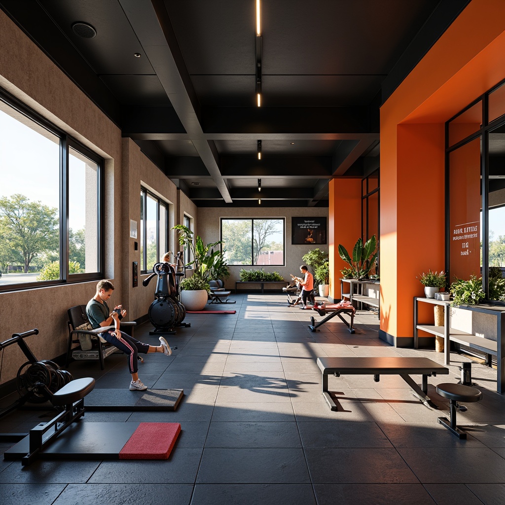 Prompt: Modern home gym, sleek metal equipment, mirrored walls, rubber flooring, vibrant color accents, natural light, large windows, sliding glass doors, minimalist decor, organized storage spaces, adjustable dumbbells, flat benches, Olympic weight sets, folding treadmills, compact exercise bikes, resistance bands, jump ropes, yoga mats, motivational quotes, calm ambiance, soft warm lighting, 1/2 composition, realistic textures.