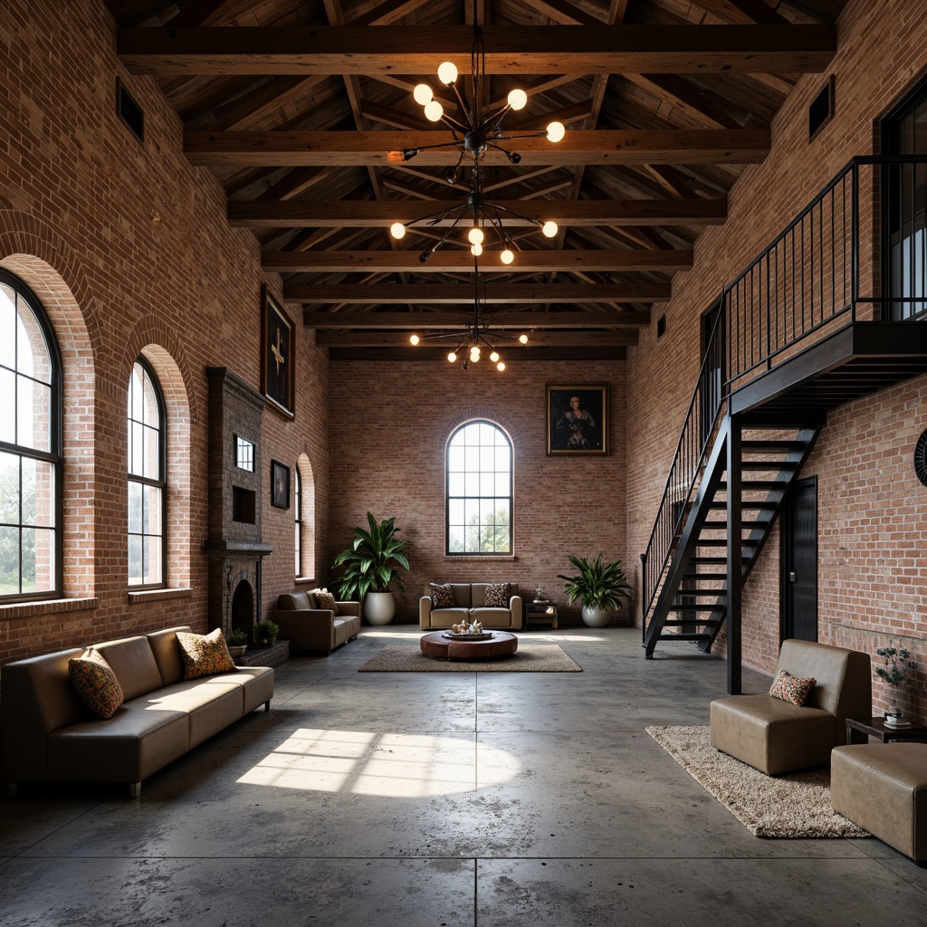 Prompt: Rustic monastery interior, exposed brick walls, steel accents, industrial chic decor, distressed wood beams, reclaimed metal fixtures, vintage machinery parts, Edison bulb lighting, urban loft atmosphere, gritty concrete floors, metallic staircases, minimalist seating areas, modern monastic furniture, spiritual ambiance, soft warm lighting, shallow depth of field, 1/1 composition, realistic textures, ambient occlusion.