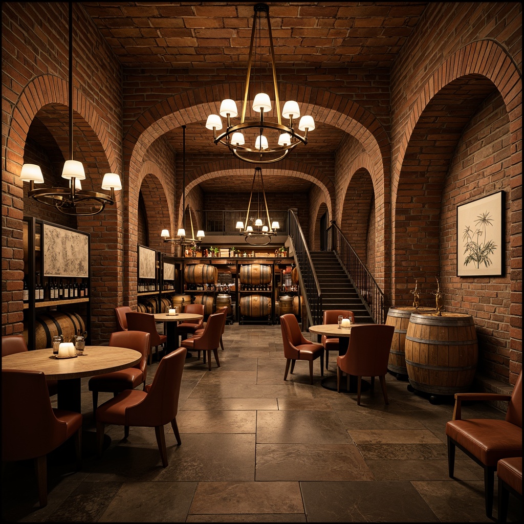 Prompt: Rustic wine cellar, stone walls, earthy tones, dim warm lighting, wooden barrels, vintage wine bottles, metal racks, brick arches, curved staircases, natural stone flooring, rich wood accents, soft candlelight, cozy atmosphere, intimate seating areas, rustic wooden tables, leather-upholstered chairs, wine tasting stations, elegant chandeliers, subtle shadows, 1/1 composition, warm color palette, realistic textures.