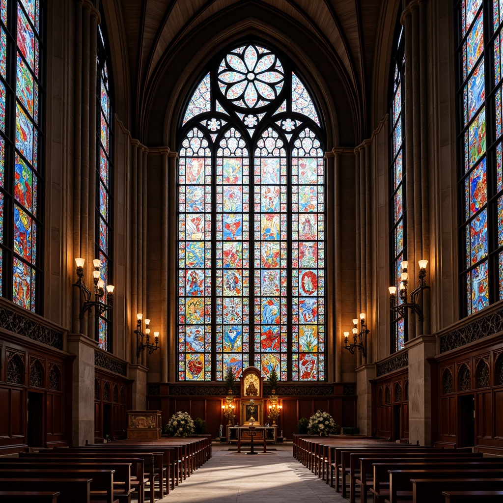 Prompt: Vibrant stained glass windows, intricate Gothic arches, ornate metal frames, kaleidoscope colors, abstract patterns, delicate floral motifs, subtle light refractions, warm ambient illumination, sacred atmosphere, grand cathedral architecture, imposing stone walls, ornate wooden doors, polished marble floors, luxurious interior design, dramatic ceiling heights, symmetrical composition, soft focus, 1/1 aspect ratio, high dynamic range.