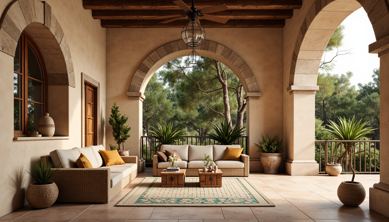 Prompt: Warm beige stucco walls, rustic stone accents, distressed wood trim, ornate ironwork, decorative ceramic tiles, vibrant turquoise mosaics, natural fiber textiles, woven rattan furniture, earthy terracotta pots, lush greenery, soft warm lighting, shallow depth of field, 3/4 composition, panoramic view, realistic textures, ambient occlusion.