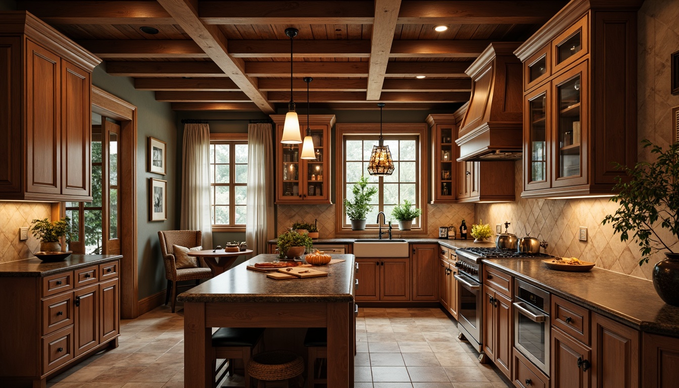 Prompt: Warm traditional kitchen, ornate wooden cabinetry, granite countertops, pendant lighting fixtures, metal lanterns, rustic chandeliers, soft warm glow, ambient lighting, under-cabinet lighting, LED strip lights, recessed ceiling lights, farmhouse sink, ceramic tile backsplash, natural stone flooring, cozy breakfast nook, large windows, sheer curtains, gentle morning light, shallow depth of field, 1/2 composition, realistic textures.