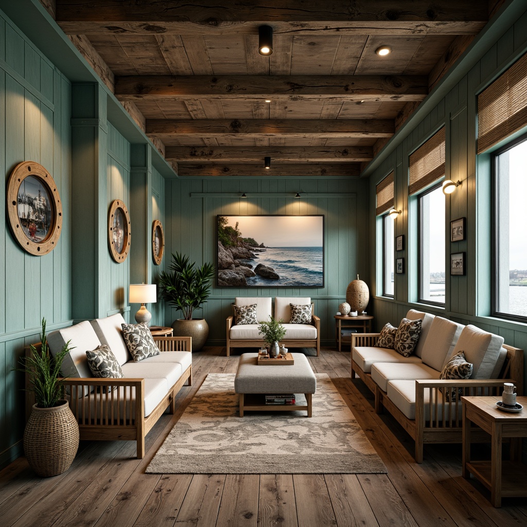 Prompt: Coastal cinema interior, driftwood accents, vintage nautical props, distressed wood panels, soft blue-green color palette, natural textiles, woven rattan furniture, shell decorations, porthole windows, ambient warm lighting, cinematic spotlights, plush velvet seats, rustic metal fixtures, reclaimed wood floors, ocean-inspired artwork, gentle wave patterns, calming seaside atmosphere, shallow depth of field, 1/2 composition, soft focus, realistic textures.