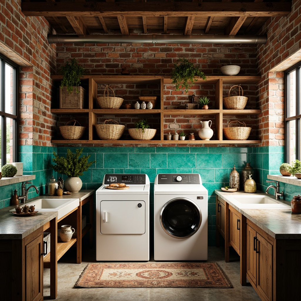 Prompt: Vintage laundry room, distressed wood accents, exposed brick walls, industrial metal pipes, eclectic mix of patterns, vibrant turquoise tiles, rustic wooden crates, woven wicker baskets, soft warm lighting, shallow depth of field, 1/2 composition, realistic textures, ambient occlusion, matte finish, rough stone countertops, reclaimed wood shelves, ornate metal fixtures, creamy white porcelain sinks, decorative ceramic vases, lush greenery, natural fibers, bohemian-inspired decor.