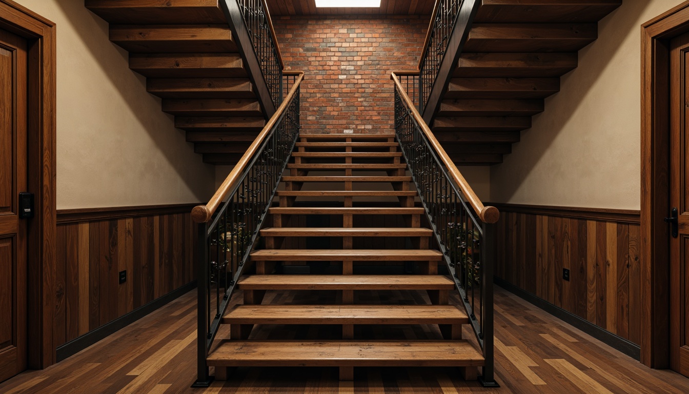 Prompt: Rustic wooden treads, distressed metal handrails, industrial-style staircase, reclaimed wood accents, exposed brick walls, vintage decorative trims, ornate newel posts, carved wooden banisters, rich walnut tones, soft warm lighting, shallow depth of field, 3/4 composition, realistic textures, ambient occlusion.