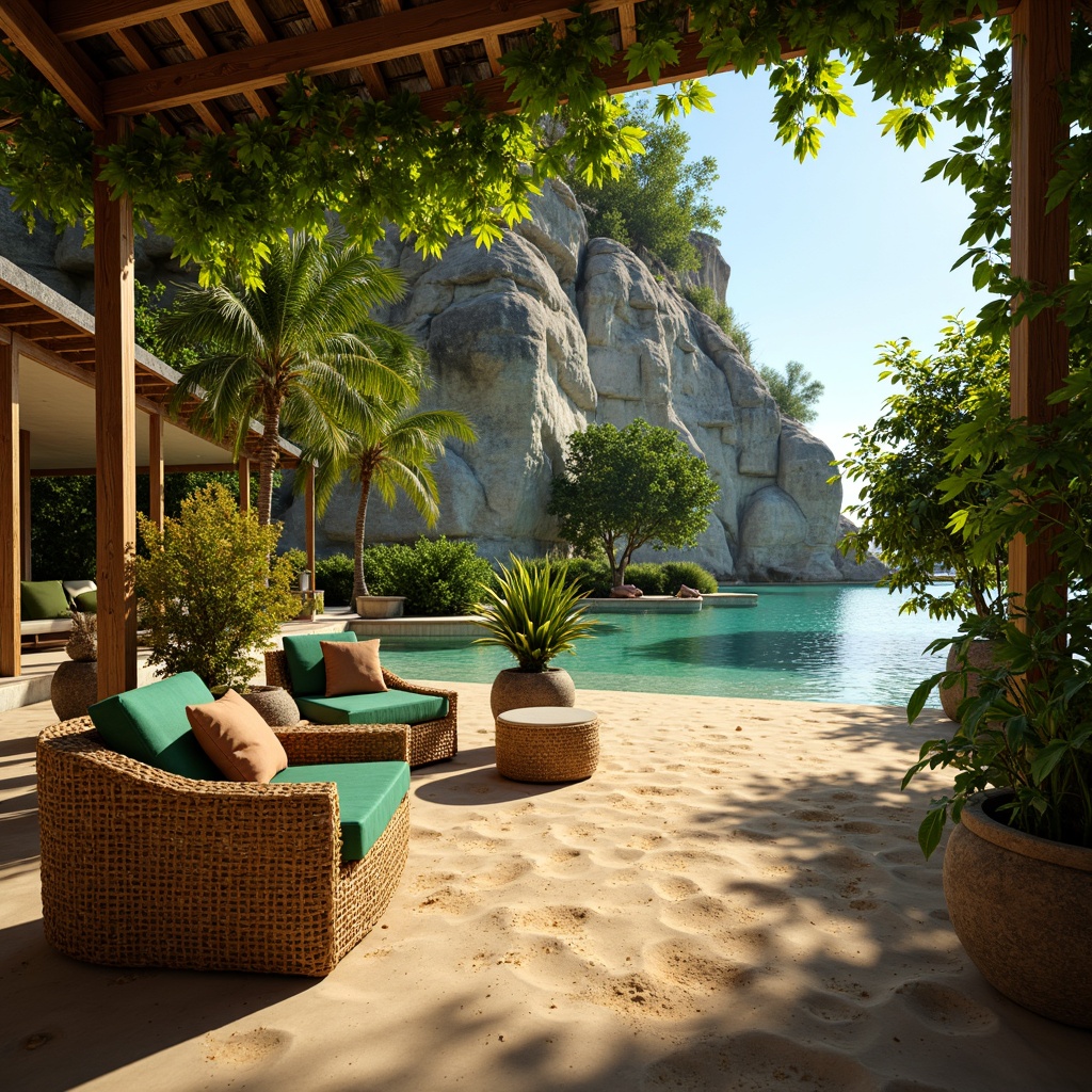 Prompt: Vibrant tropical leaves, exotic floral arrangements, warm golden sand, crystal-clear turquoise waters, rustic wooden accents, woven rattan furniture, plush green cushions, natural fiber textiles, earthy terracotta pots, soft warm lighting, shallow depth of field, 3/4 composition, panoramic view, realistic textures, ambient occlusion.