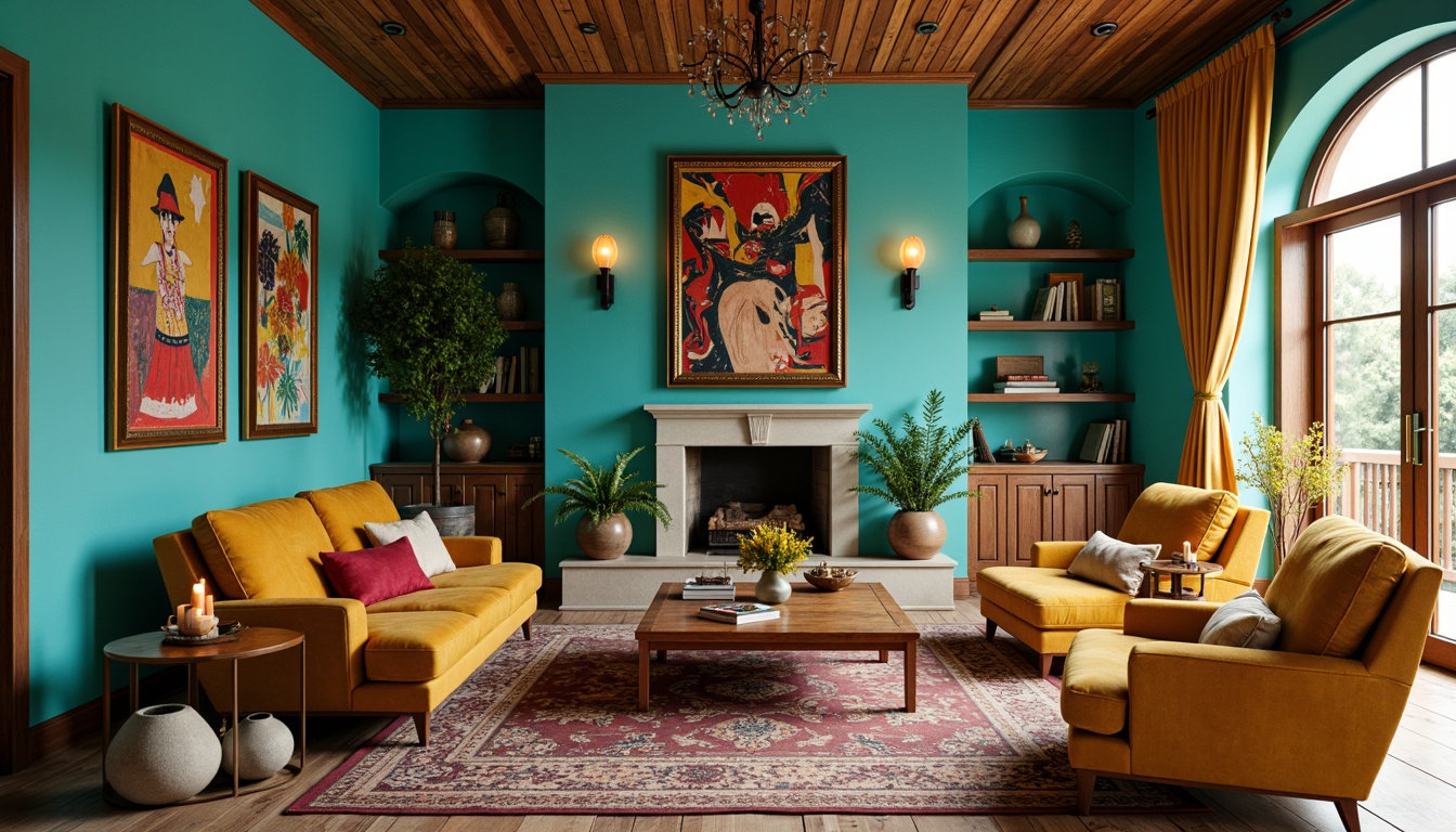 Prompt: Vibrant family room, eclectic style, bold color palette, rich turquoise walls, warm golden furniture, plush velvet sofas, distressed wood accents, Moroccan-inspired tiles, abstract artwork, patterned rugs, layered textiles, cozy reading nooks, floor lamps, table lamps, warm ambient lighting, shallow depth of field, 2/3 composition, soft focus, realistic textures.