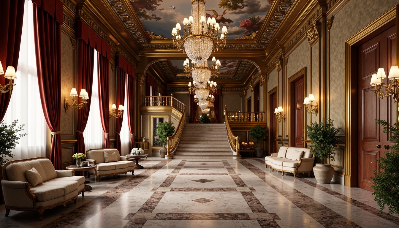 Prompt: Grandiose palace, opulent furnishings, intricate marble floors, ornate chandeliers, lavish velvet drapes, gilded accents, majestic columns, regal staircases, exquisite fresco ceilings, rich wood paneling, sumptuous upholstery, crystal glass fixtures, soft golden lighting, shallow depth of field, 1/1 composition, realistic textures, ambient occlusion.