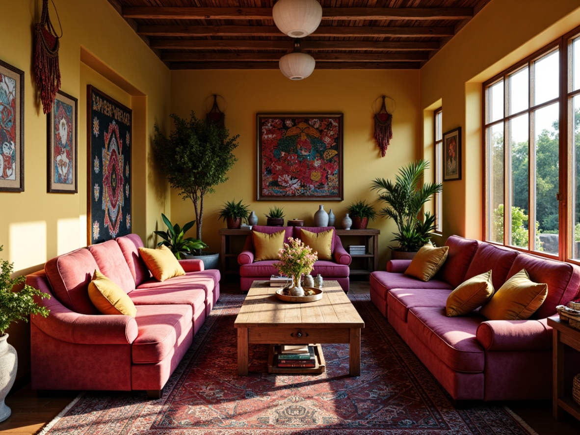 Prompt: Vibrant family room, eclectic mix of patterns, bold colorful textiles, plush velvet sofas, distressed wooden furniture, vintage Moroccan tiles, intricate Indian-inspired prints, ornate Turkish rugs, macrame wall hangings, abstract artwork, statement lighting fixtures, warm golden lighting, shallow depth of field, 1/1 composition, soft focus effect, realistic textures, ambient occlusion.