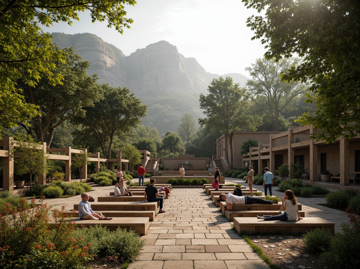 Prompt: Rustic amphitheater, natural stone seating, wooden benches, lush greenery, vibrant flowers, reclaimed wood accents, earthy tones, organic shapes, meandering pathways, scenic views, misty morning light, warm afternoon sun, soft focus blur, 1/2 composition, cinematic perspective, realistic textures, ambient occlusion.