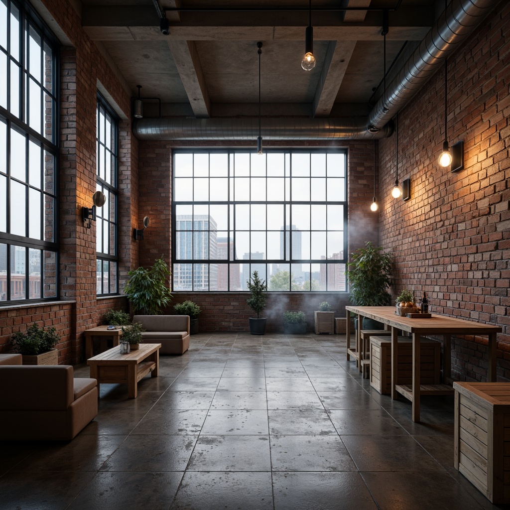 Prompt: Exposed brick walls, metal beams, reclaimed wood floors, industrial-style lighting fixtures, distressed wooden crates, urban cityscape views, large steel windows, minimalist decor, neutral color palette, concrete ceilings, functional pipes, Edison bulb pendant lights, rugged textures, atmospheric mist, low-key warm lighting, 1/2 composition, cinematic camera angle, gritty realistic render.