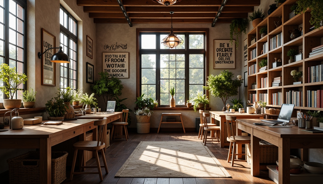 Prompt: Cozy craft room, wooden desks, vintage academic decor, bookshelves with old books, wooden chairs, soft warm lighting, natural wood tones, earthy color palette, organized storage units, inspirational quotes on walls, eclectic artwork displays, rich textiles, comfortable reading nook, greenery on shelves, rustic metal accents, distressed wood finishes, creative freedom atmosphere, 1/2 composition, shallow depth of field, realistic textures, ambient occlusion.