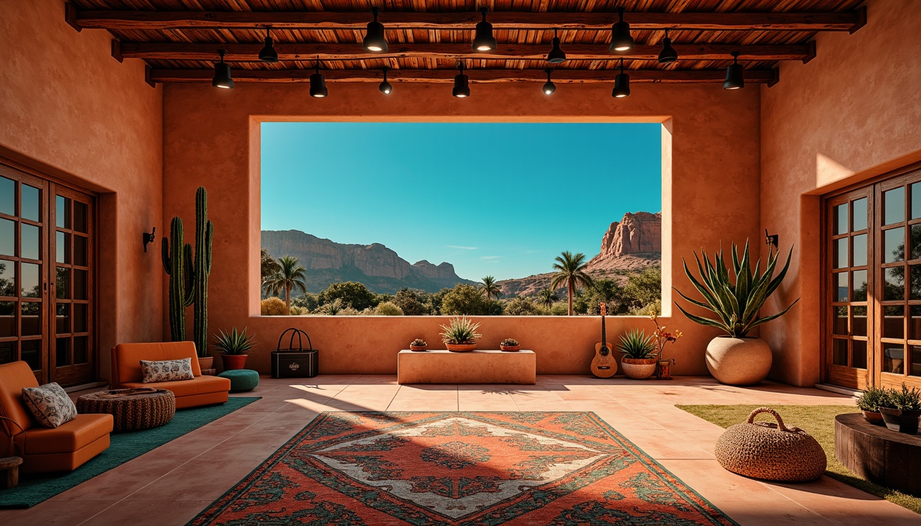 Prompt: Vibrant southwestern stage, rustic wooden accents, earthy tone color palette, turquoise and terracotta hues, bold geometric patterns, woven textiles, adobe-inspired architecture, warm desert lighting, dramatic spotlights, eclectic decorative elements, vintage musical instruments, natural fiber rugs, woven baskets, cacti and succulent arrangements, majestic rock formations, panoramic views of desert landscapes, shallow depth of field, 1/2 composition, cinematic framing, realistic shadows, ambient occlusion.