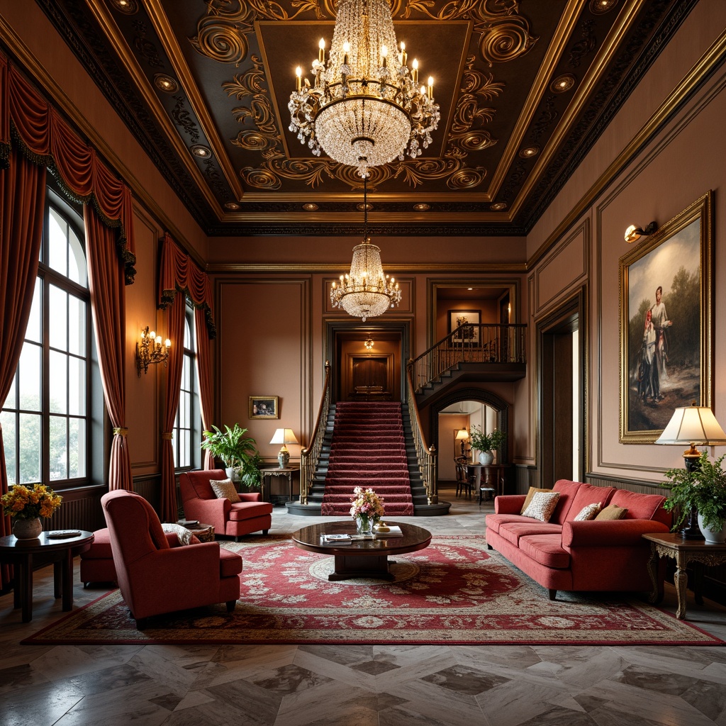 Prompt: Luxurious living room, ornate furnishings, intricately carved wood, velvet upholstery, golden accents, crystal chandeliers, marble floors, grand staircase, opulent drapery, lavish textiles, rich jewel-toned colors, soft warm lighting, shallow depth of field, 1/2 composition, realistic reflections, ambient occlusion.