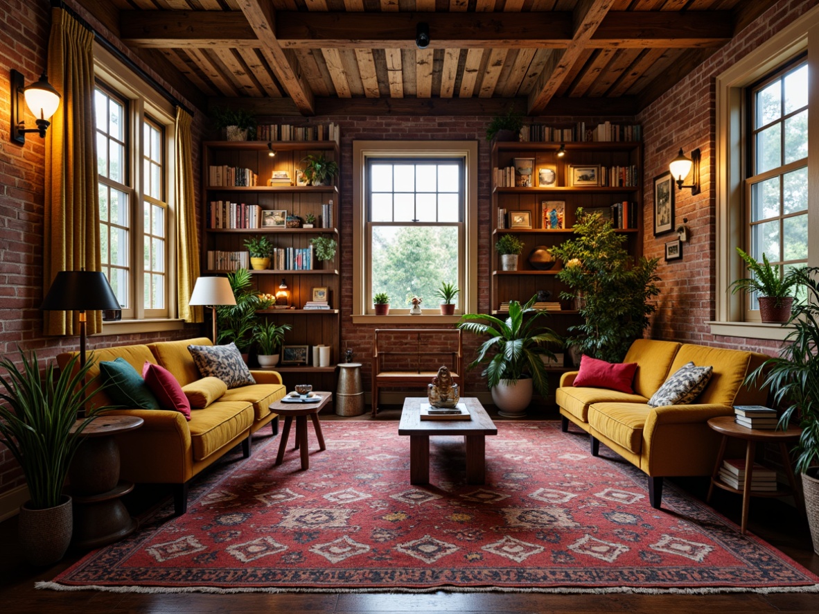 Prompt: Vibrant eclectic home, mixed vintage and modern furniture, bold color palette, patterned rugs, statement lighting fixtures, industrial metal lamps, reclaimed wood ceiling, exposed brick walls, cozy reading nooks, lush greenery, natural textiles, warm ambient glow, softbox lighting, layered lighting effects, dramatic shadows, 3/4 composition, atmospheric perspective, cinematic mood.